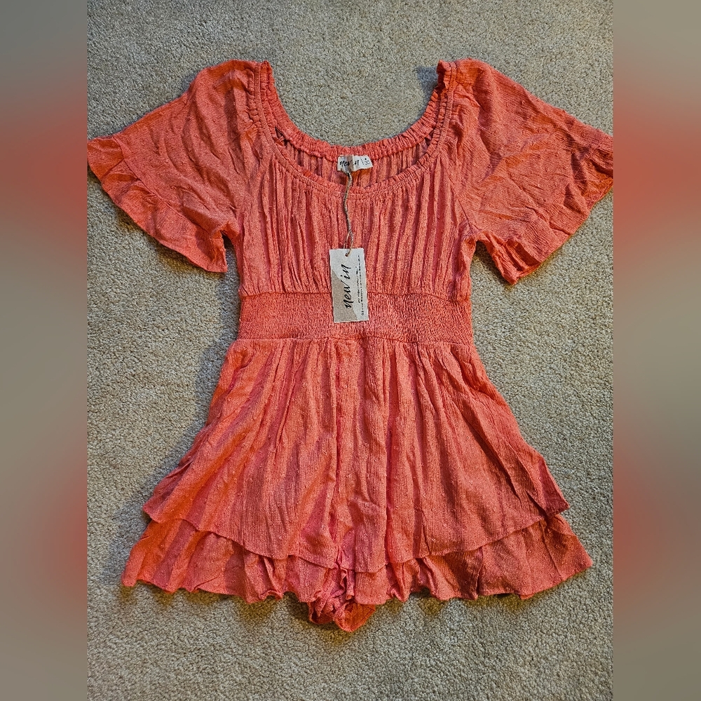 Coral Ruffle Short Sleeve Romper